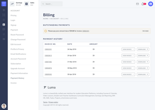 Payment History - Luma Bootstrap